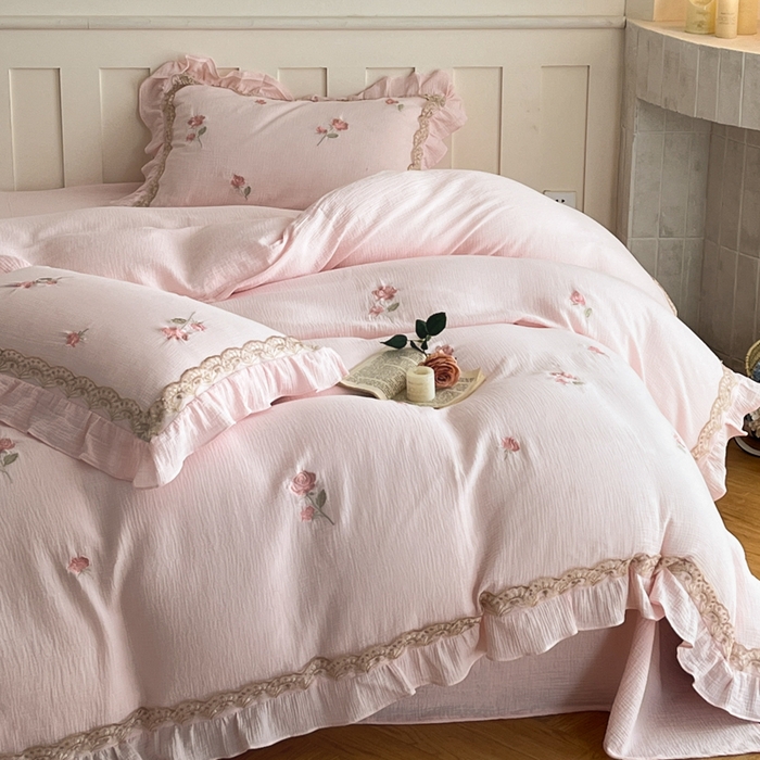 91家纺网 家纺一手货源 找家纺 帝王家纺 2026爆款法式小清新双层皱皱纱四件套四季款-花漾 花漾-雅粉