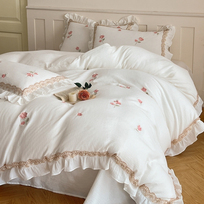 91家纺网 家纺一手货源 找家纺 帝王家纺 2026爆款法式小清新双层皱皱纱四件套四季款-花漾 花漾-奶白