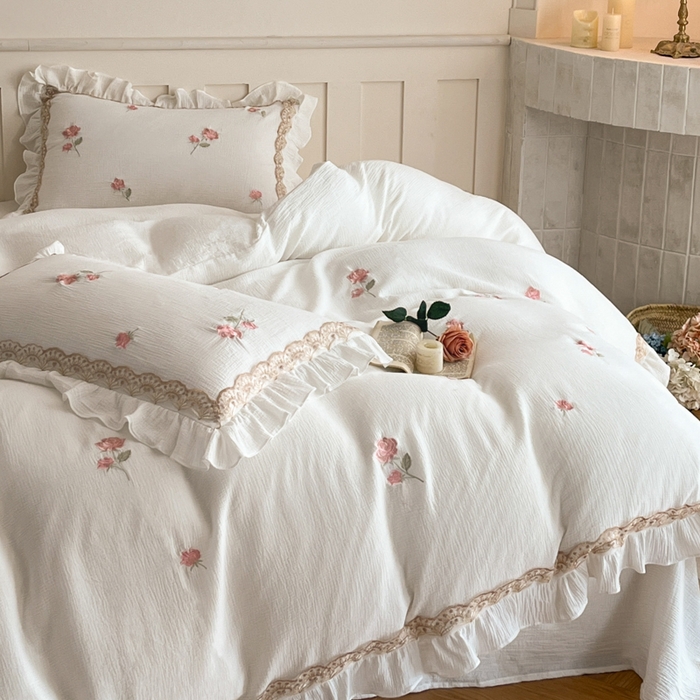 91家纺网 家纺一手货源 找家纺 帝王家纺 2026爆款法式小清新双层皱皱纱四件套四季款-花漾 花漾-奶白