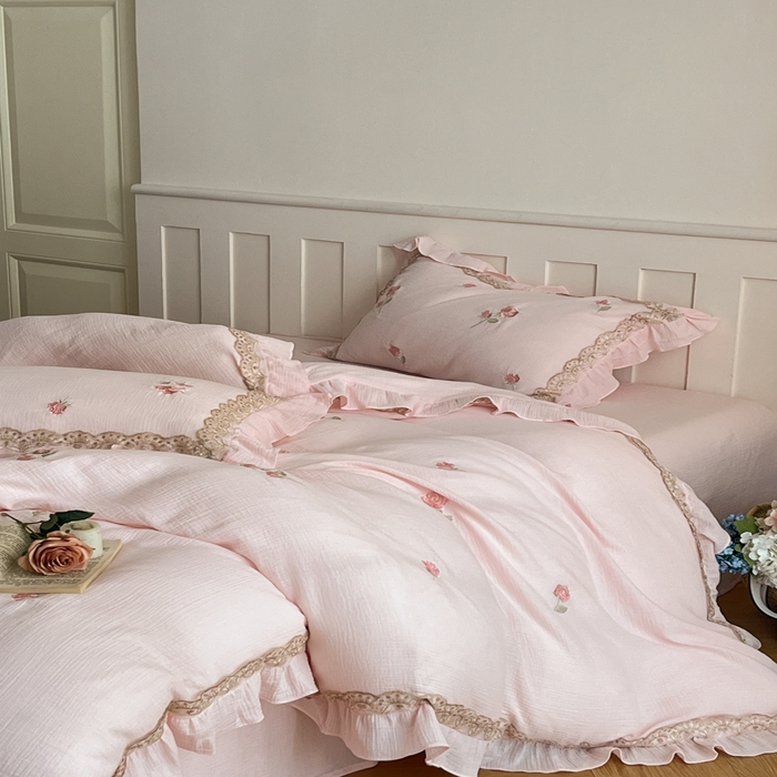 91家纺网 家纺一手货源 找家纺 帝王家纺 2026爆款法式小清新双层皱皱纱四件套四季款-花漾 花漾-雅粉