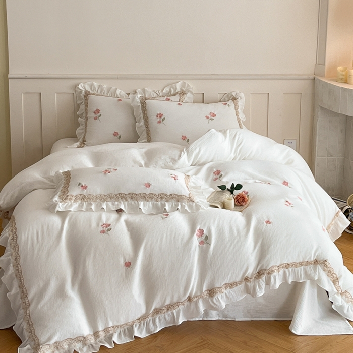 91家纺网 家纺一手货源 找家纺 帝王家纺 2026爆款法式小清新双层皱皱纱四件套四季款-花漾 花漾-奶白