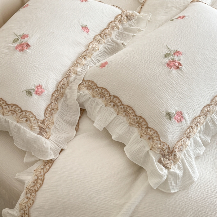 91家纺网 家纺一手货源 找家纺 帝王家纺 2026爆款法式小清新双层皱皱纱四件套四季款-花漾 花漾-奶白