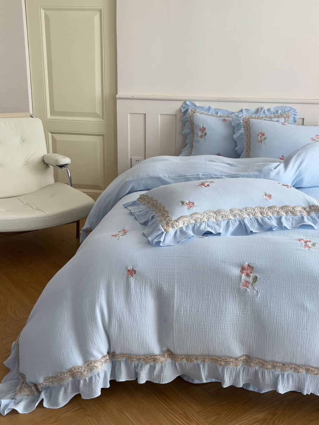 91家纺网 家纺一手货源 找家纺 （总）帝王家纺 2026爆款法式小清新双层皱皱纱四件套四季款-花漾