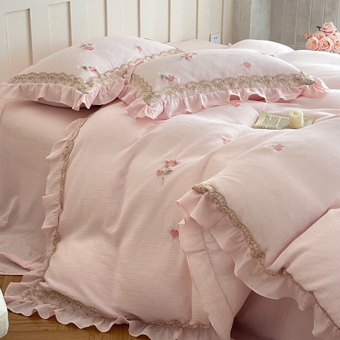 91家纺网 家纺一手货源 找家纺 （总）帝王家纺 2026爆款法式小清新双层皱皱纱四件套四季款-花漾