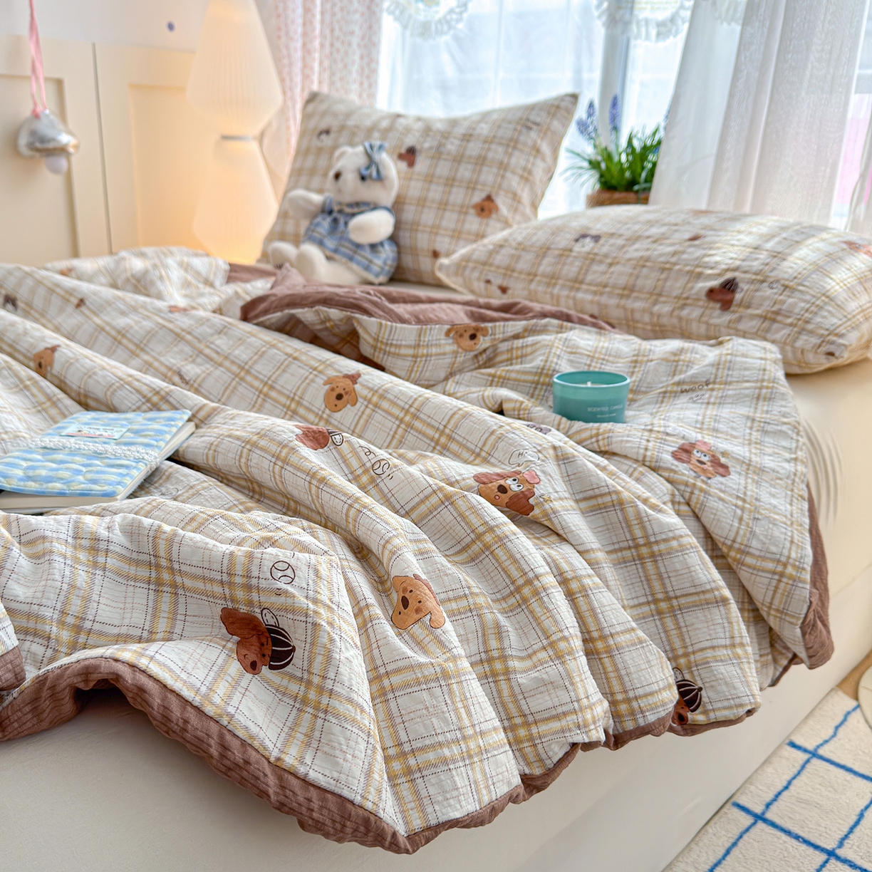 91家纺网 家纺一手货源 找家纺 桔禾家纺 2026新款A类泡芙棉泡泡纱夏被双层纱小清新夏凉被空调被 格纹狗