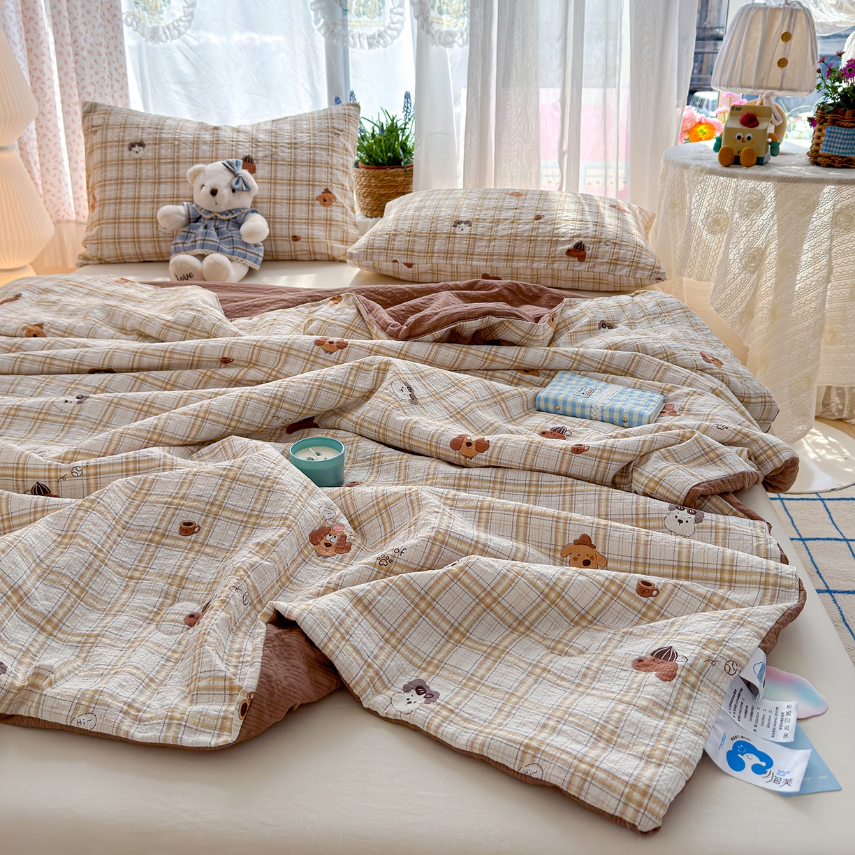 91家纺网 家纺一手货源 找家纺 桔禾家纺 2026新款A类泡芙棉泡泡纱夏被双层纱小清新夏凉被空调被 格纹狗