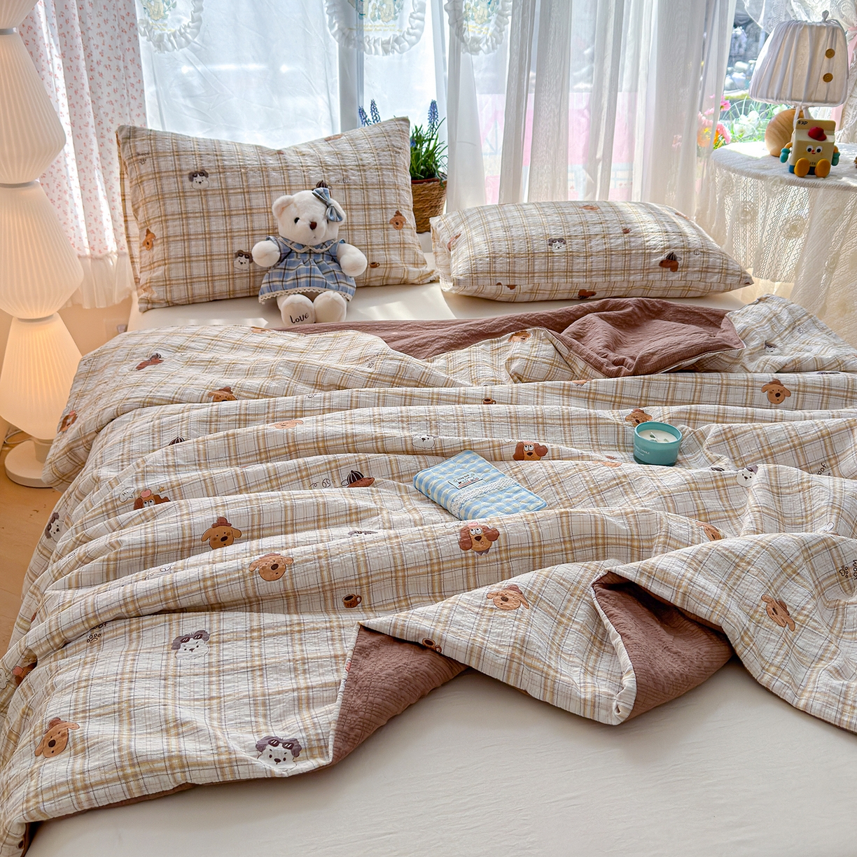 91家纺网 家纺一手货源 找家纺 桔禾家纺 2026新款A类泡芙棉泡泡纱夏被双层纱小清新夏凉被空调被 格纹狗