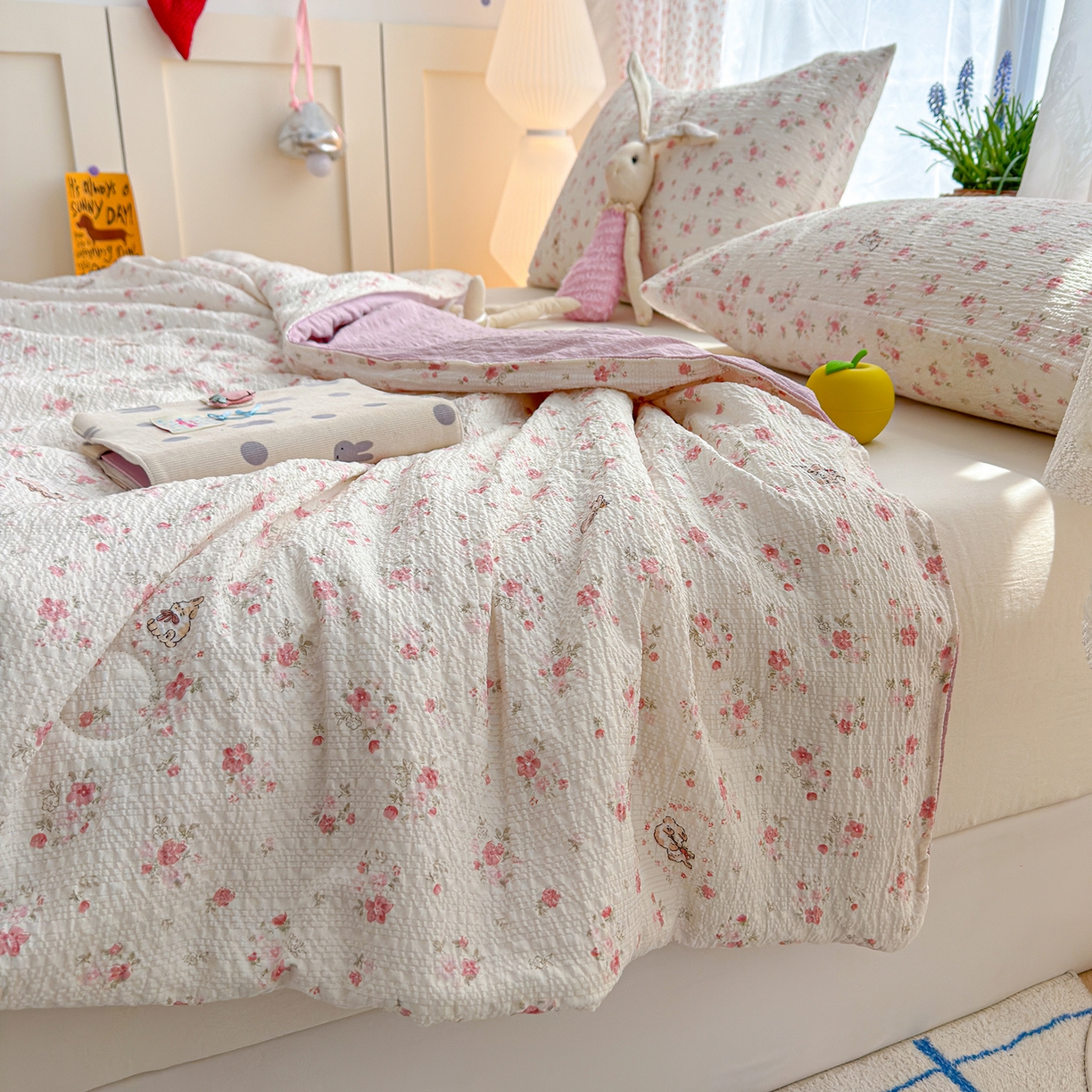 91家纺网 家纺一手货源 找家纺 桔禾家纺 2026新款A类泡芙棉泡泡纱夏被双层纱小清新夏凉被空调被 甜心小兔