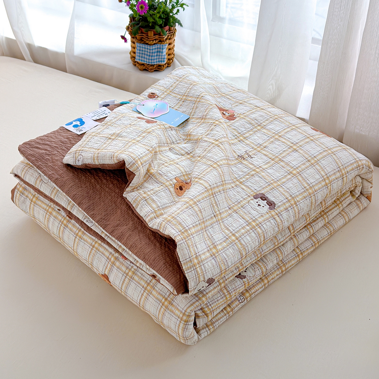 91家纺网 家纺一手货源 找家纺 桔禾家纺 2026新款A类泡芙棉泡泡纱夏被双层纱小清新夏凉被空调被 格纹狗