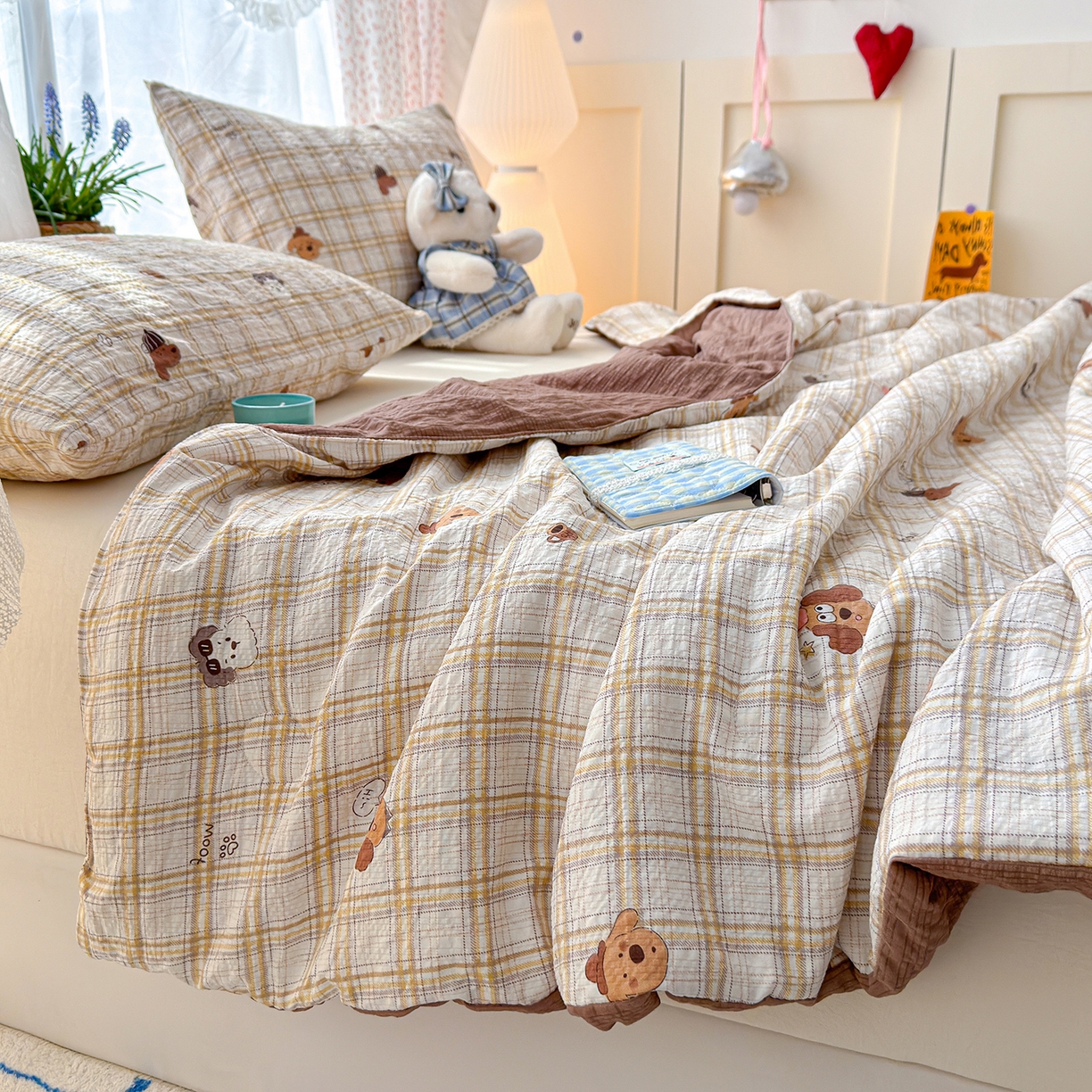 91家纺网 家纺一手货源 找家纺 桔禾家纺 2026新款A类泡芙棉泡泡纱夏被双层纱小清新夏凉被空调被 格纹狗