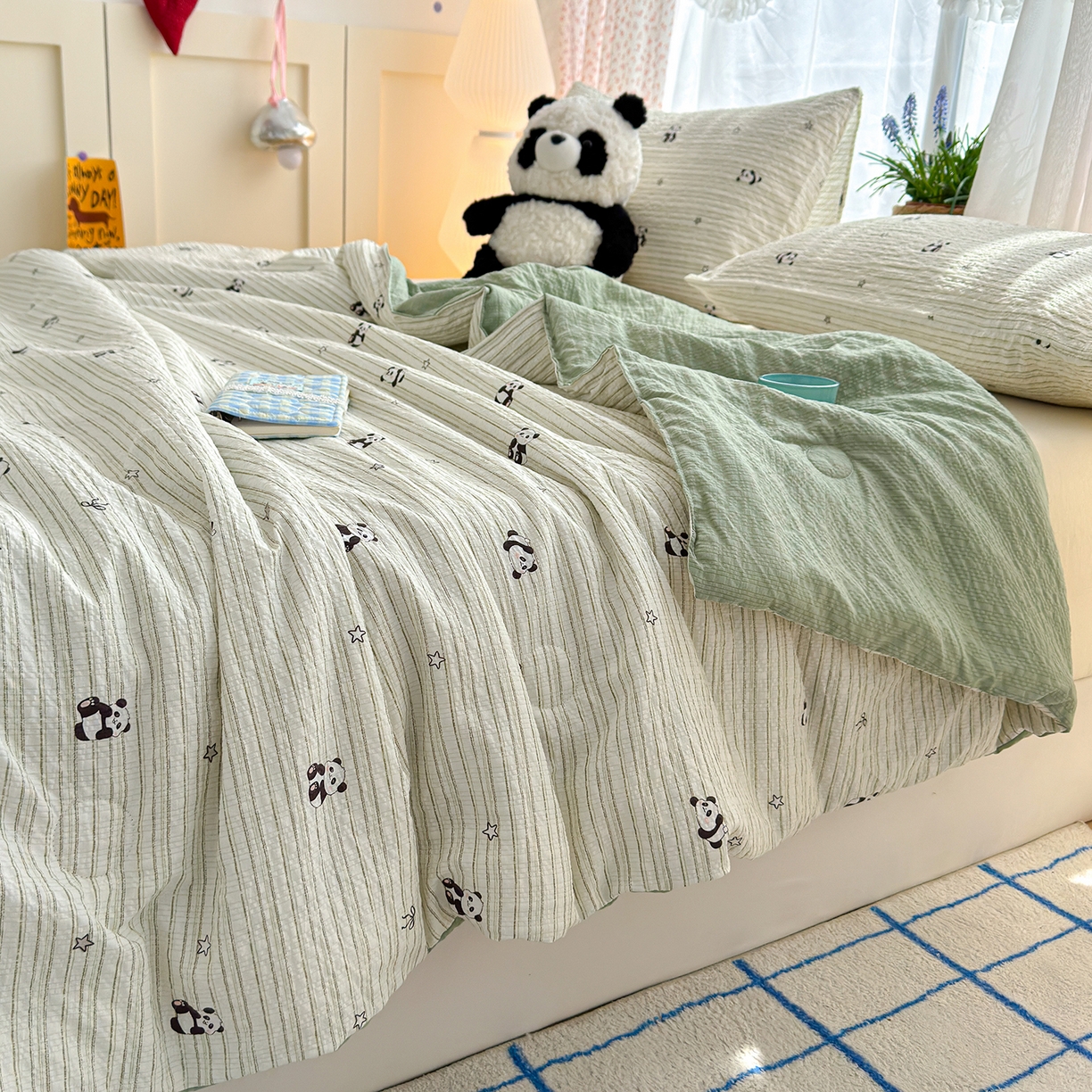 91家纺网 家纺一手货源 找家纺 桔禾家纺 2026新款A类泡芙棉泡泡纱夏被双层纱小清新夏凉被空调被 大熊猫