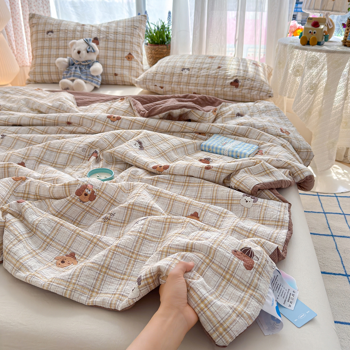 桔禾家纺 2026新款A类泡芙棉泡泡纱夏被双层纱小清新夏凉被空调被 格纹狗