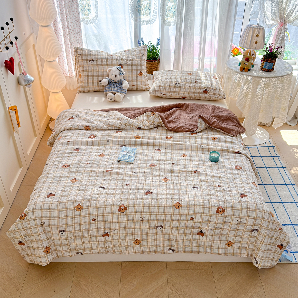 91家纺网 家纺一手货源 找家纺 桔禾家纺 2026新款A类泡芙棉泡泡纱夏被双层纱小清新夏凉被空调被 格纹狗