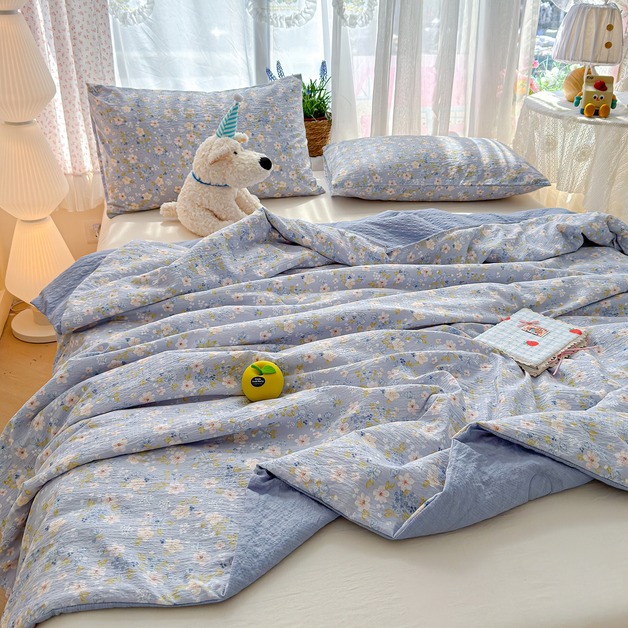 91家纺网 家纺一手货源 找家纺 桔禾家纺 2026新款A类泡芙棉泡泡纱夏被双层纱小清新夏凉被空调被 蓝雪花