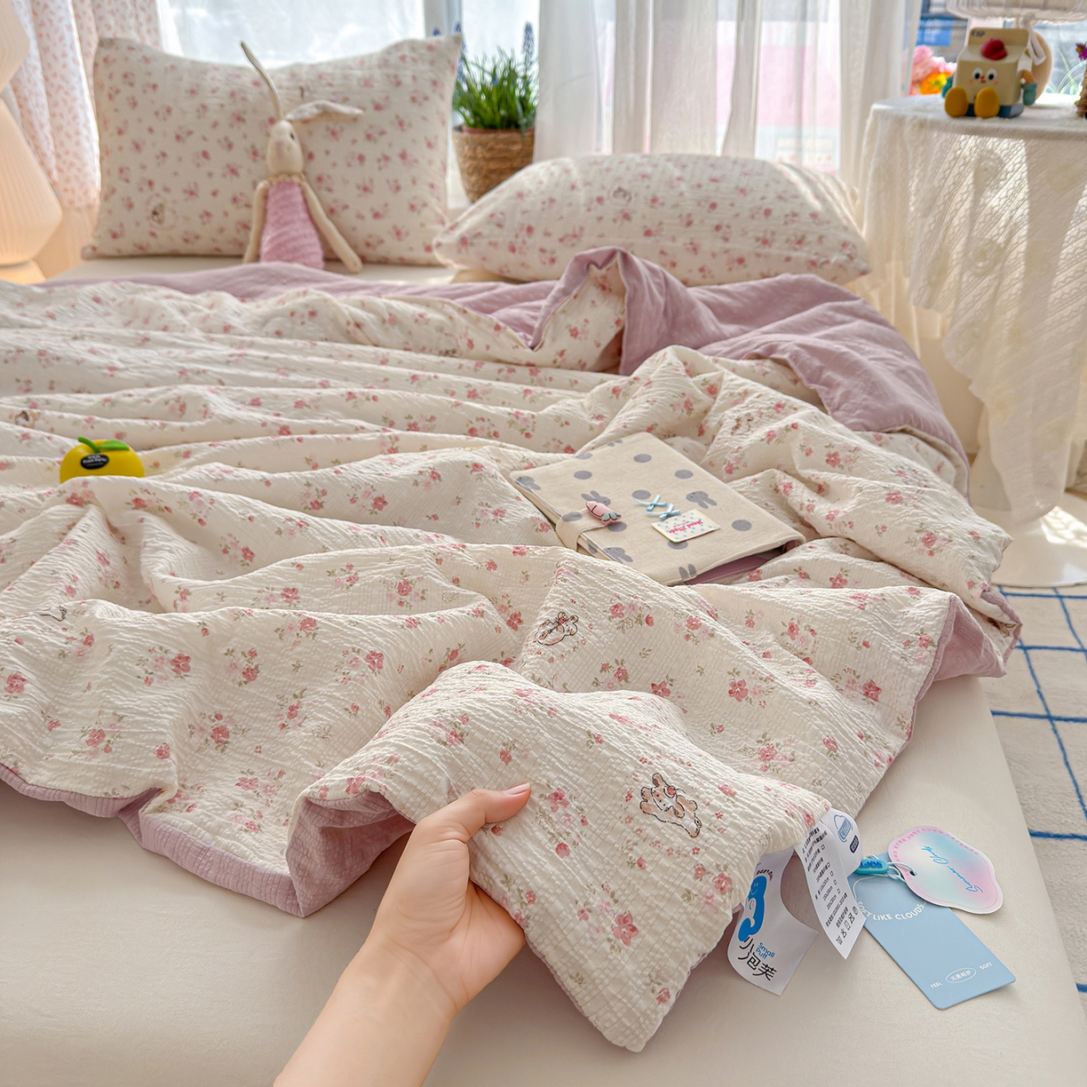 桔禾家纺 2026新款A类泡芙棉泡泡纱夏被双层纱小清新夏凉被空调被 甜心小兔