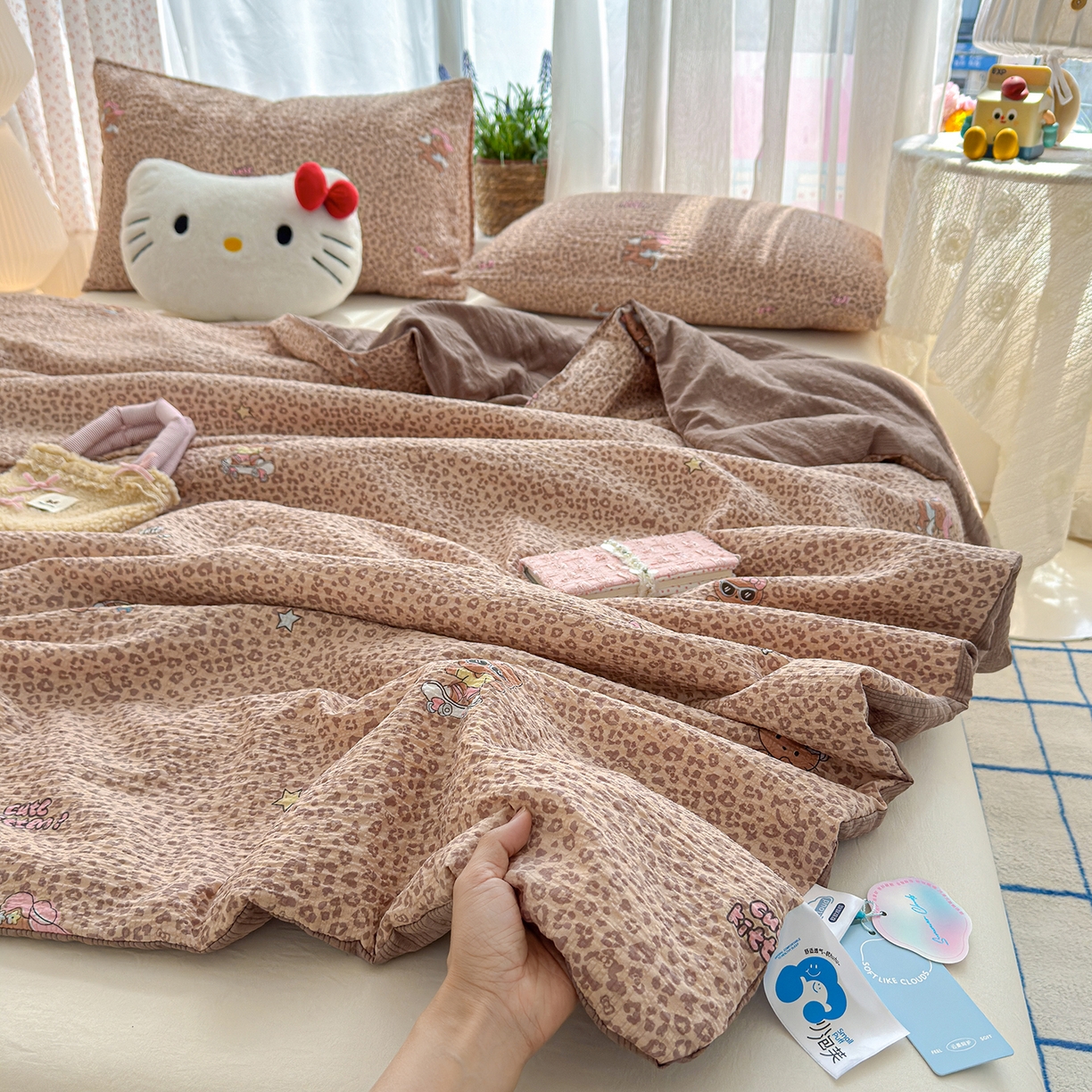 桔禾家纺 2026新款A类泡芙棉泡泡纱夏被双层纱小清新夏凉被空调被 豹纹凯蒂