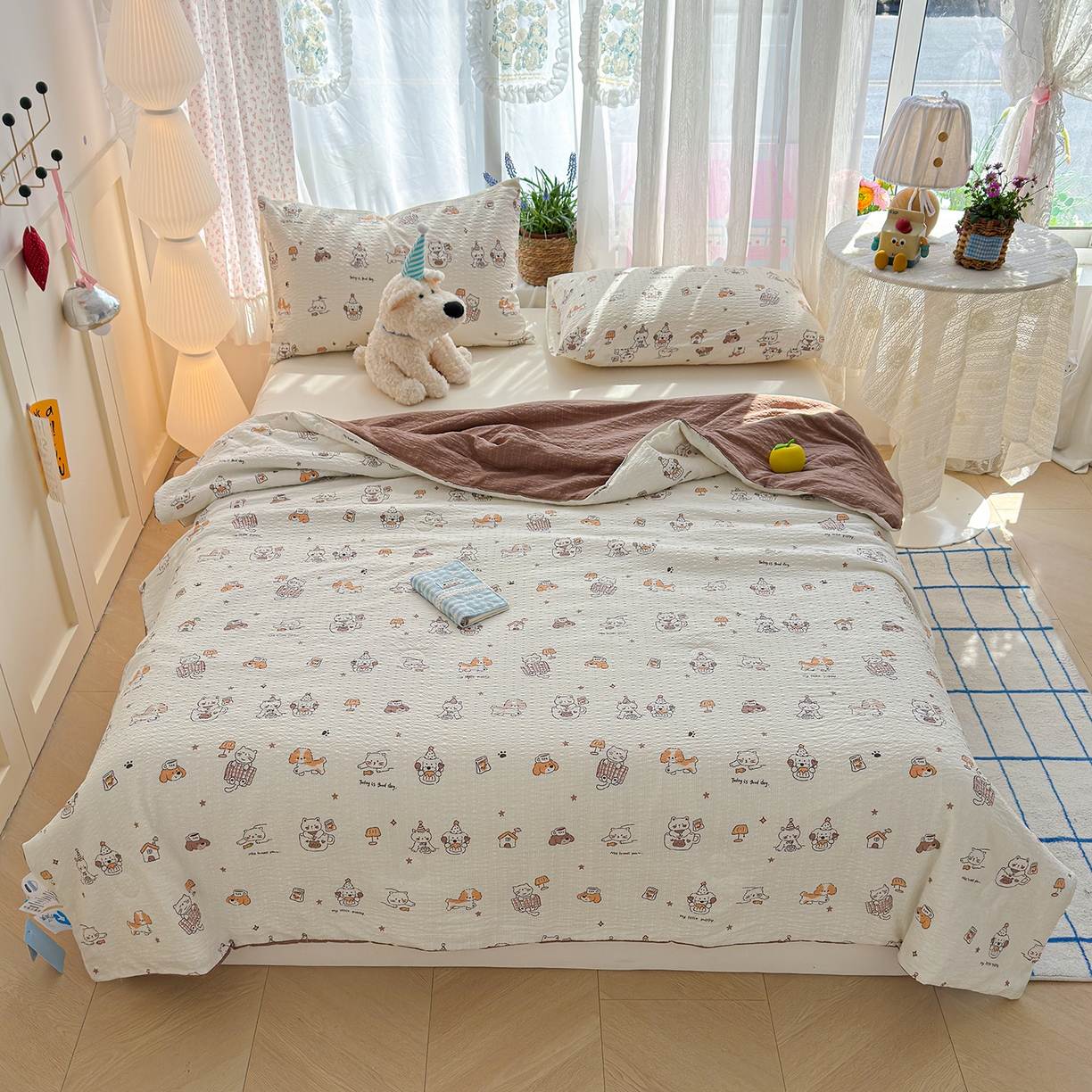 91家纺网 家纺一手货源 找家纺 桔禾家纺 2026新款A类泡芙棉泡泡纱夏被双层纱小清新夏凉被空调被 喵星人