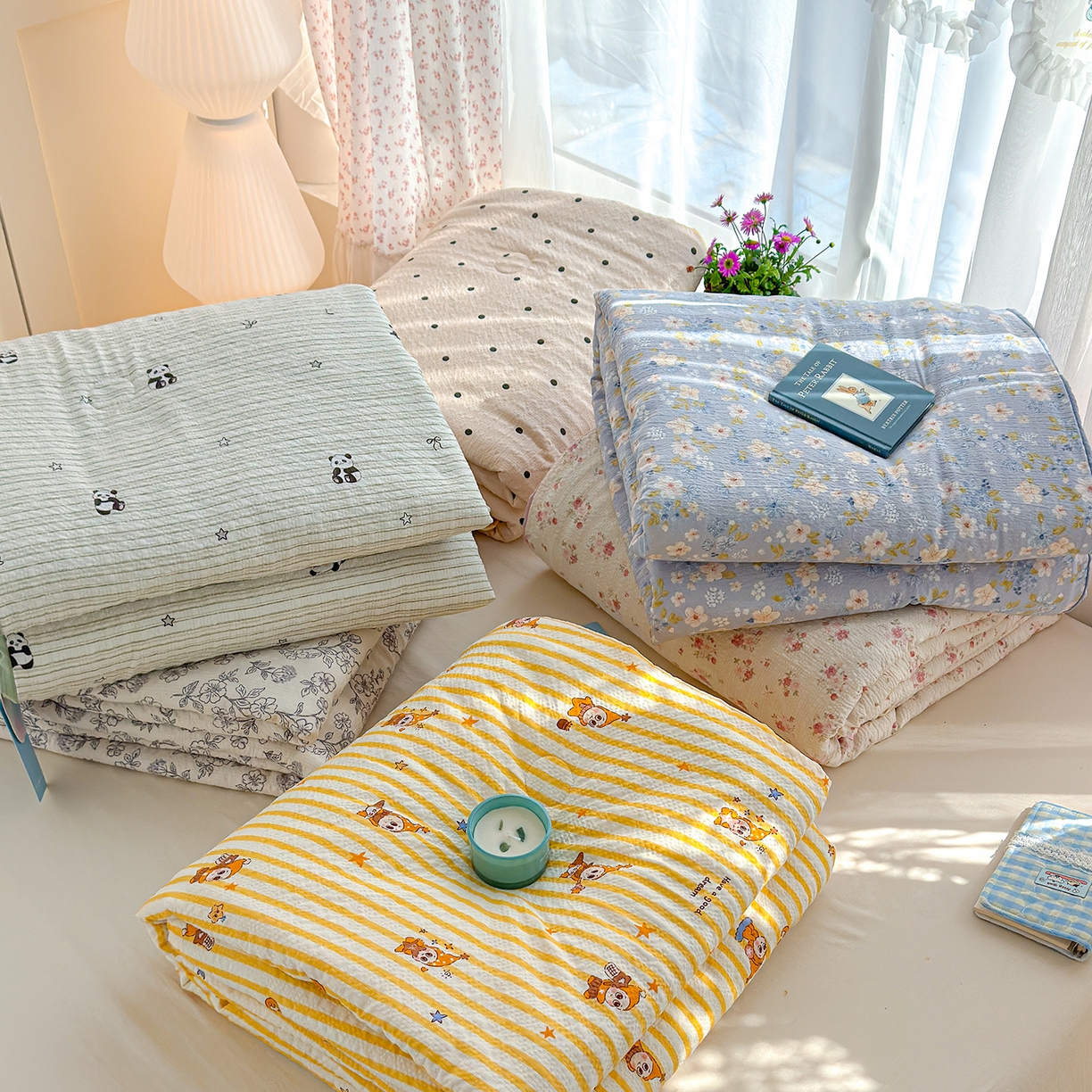 91家纺网 家纺一手货源 找家纺 桔禾家纺 2026新款A类泡芙棉泡泡纱夏被双层纱小清新夏凉被空调被 组合图仅供展示-不可下单