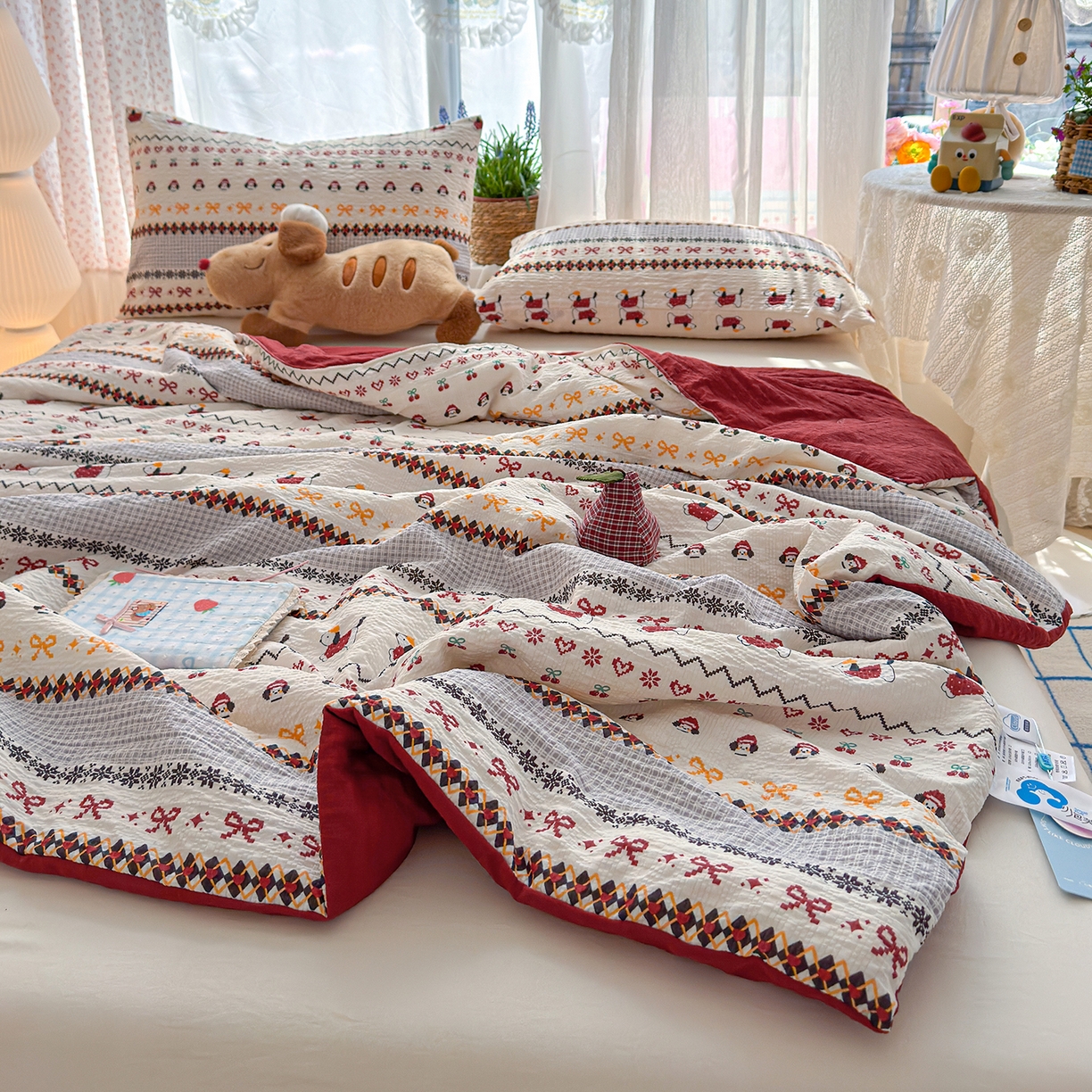 91家纺网 家纺一手货源 找家纺 桔禾家纺 2026新款A类泡芙棉泡泡纱夏被双层纱小清新夏凉被空调被 费尔岛小狗