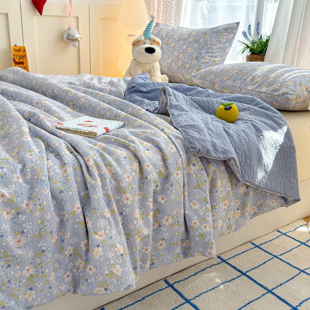 91家纺网 家纺一手货源 找家纺 桔禾家纺 2026新款A类泡芙棉泡泡纱夏被双层纱小清新夏凉被空调被 蓝雪花