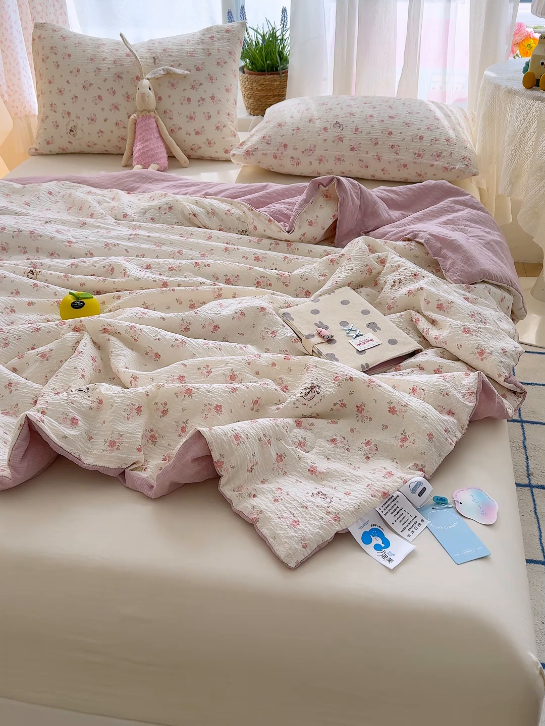 91家纺网 家纺一手货源 找家纺 桔禾家纺 2026新款A类泡芙棉泡泡纱夏被双层纱小清新夏凉被空调被 甜心小兔