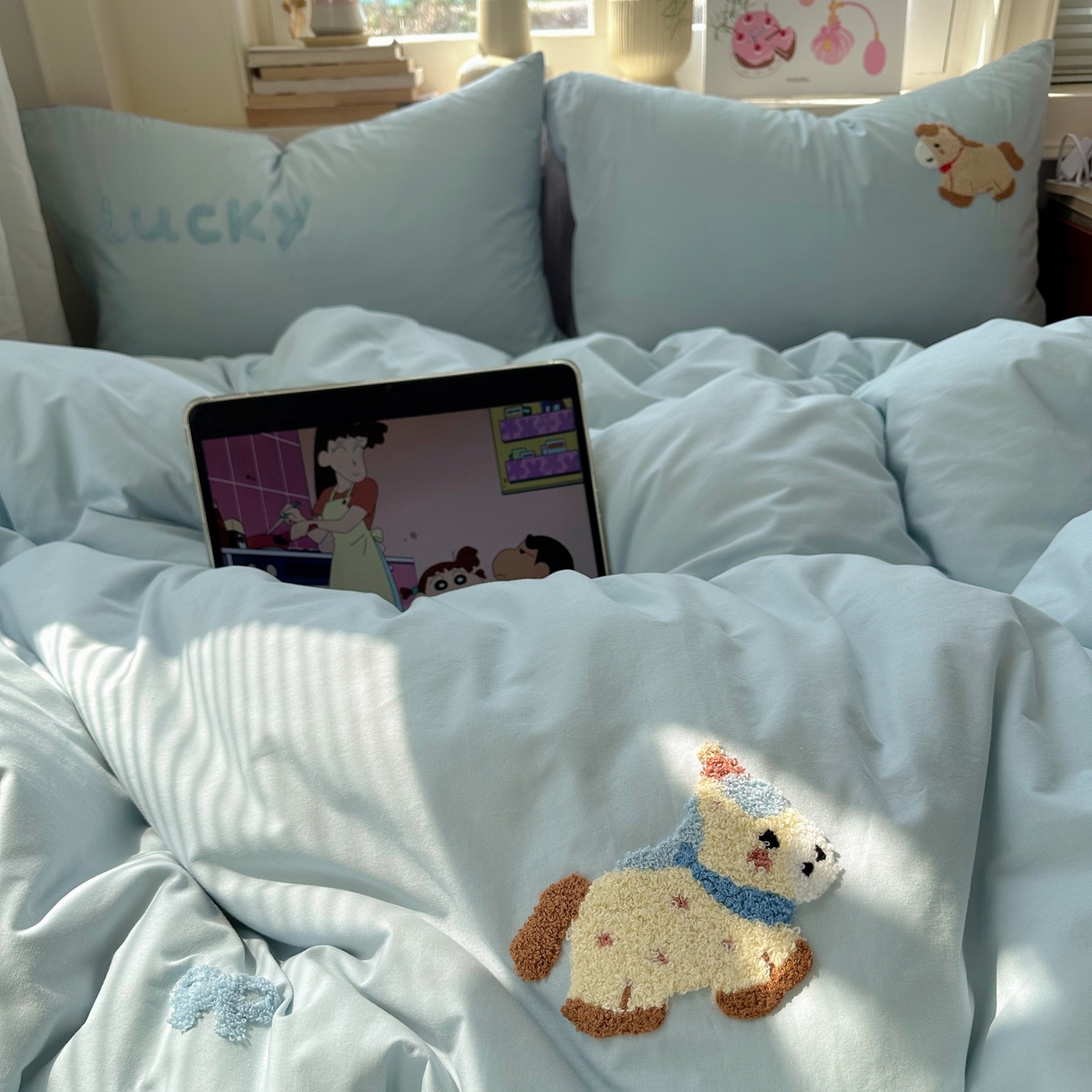 91家纺网 家纺一手货源 找家纺 慕尚家纺 2026春夏新款色织水洗棉毛巾绣四件套 快乐小马