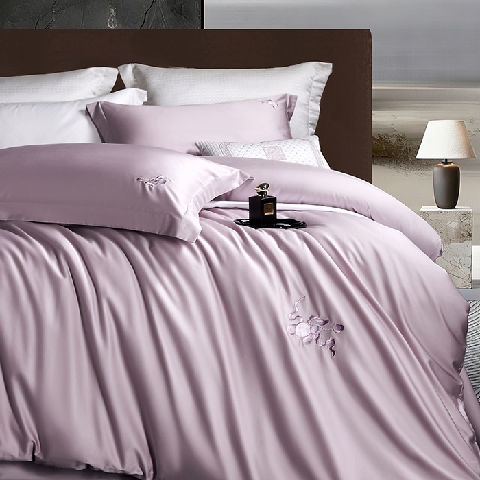 91家纺网 家纺一手货源 找家纺 淼铭家纺 2026新款正宗100S长绒棉纯棉刺绣工艺四件套-福禄 豆沙紫