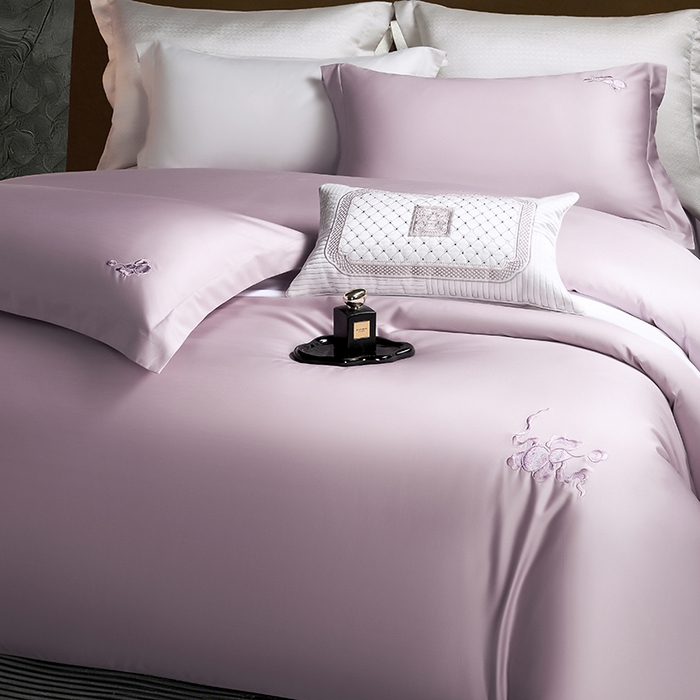 91家纺网 家纺一手货源 找家纺 淼铭家纺 2026新款正宗100S长绒棉纯棉刺绣工艺四件套-福禄 豆沙紫