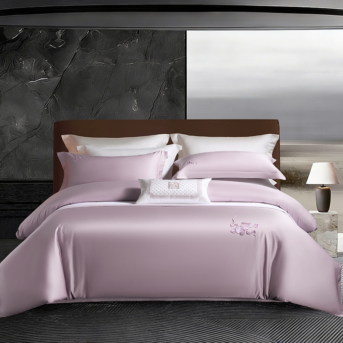 91家纺网 家纺一手货源 找家纺 淼铭家纺 2026新款正宗100S长绒棉纯棉刺绣工艺四件套-福禄 豆沙紫