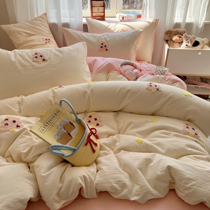 慕尚家纺 2026春夏新款色织水洗棉毛巾绣四件套 圣诞树 粉