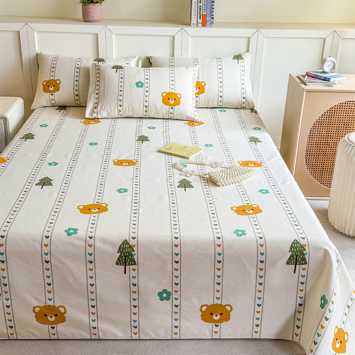 91家纺网 家纺一手货源 找家纺 晨晨家纺 2026新款原棉老粗布床单席子凉席三件套 萌宠森林