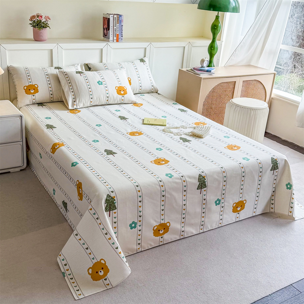 91家纺网 家纺一手货源 找家纺 晨晨家纺 2026新款原棉老粗布床单席子凉席三件套 萌宠森林