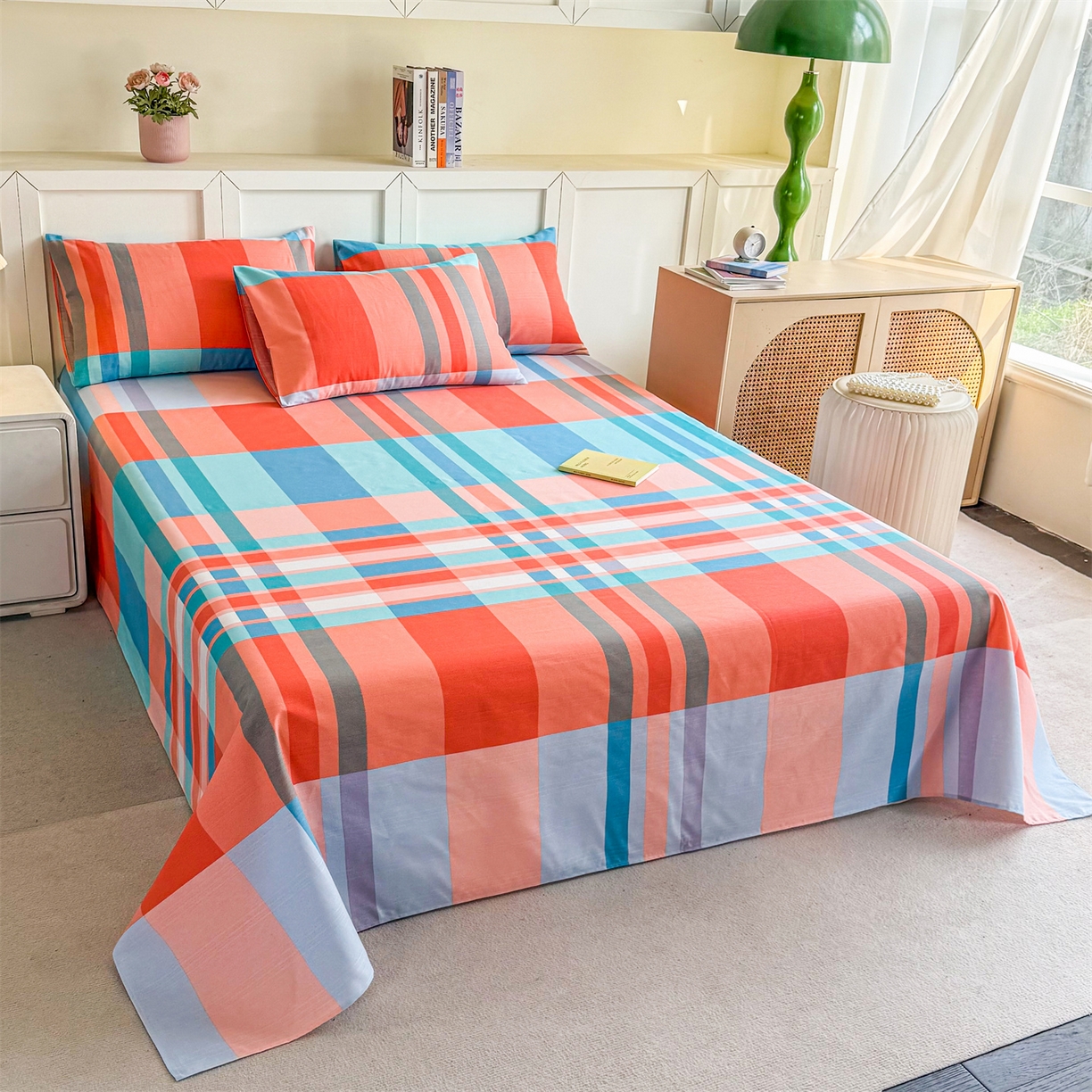 91家纺网 家纺一手货源 找家纺 晨晨家纺 2026新款原棉老粗布床单席子凉席三件套 格调