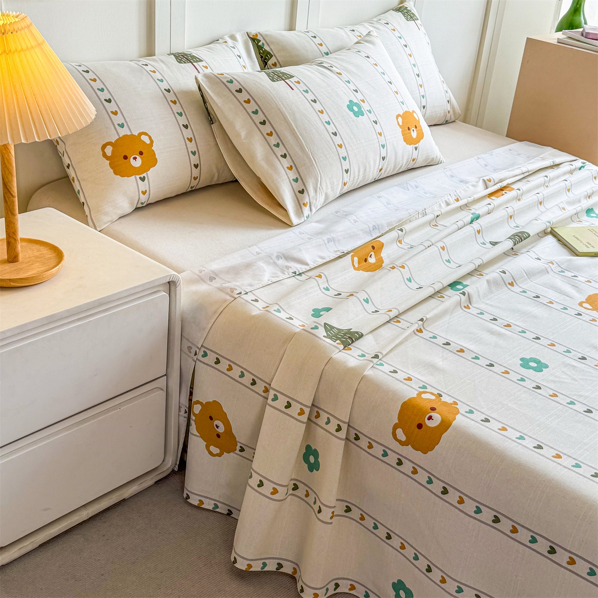 91家纺网 家纺一手货源 找家纺 晨晨家纺 2026新款原棉老粗布床单席子凉席三件套 萌宠森林