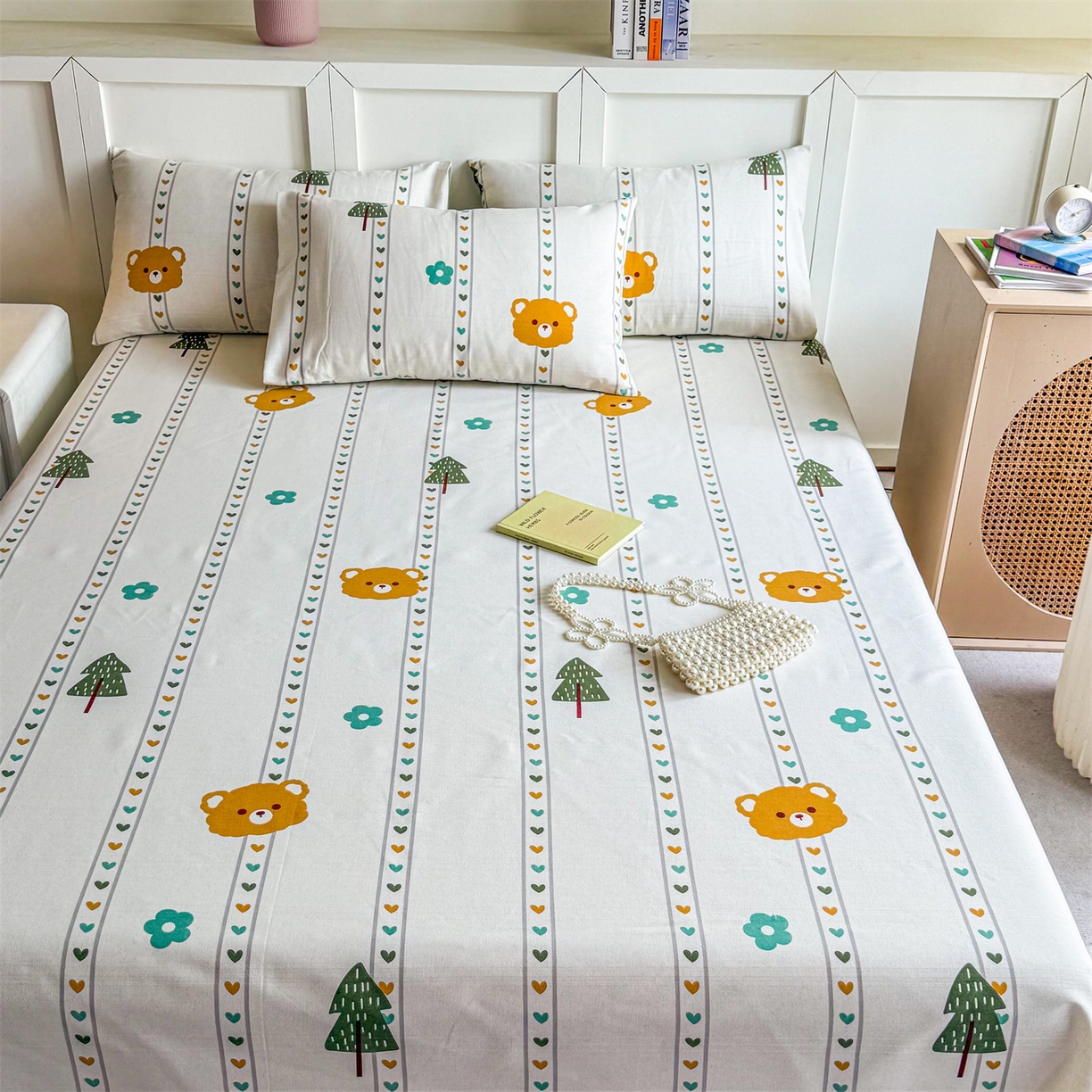 91家纺网 家纺一手货源 找家纺 晨晨家纺 2026新款原棉老粗布床单席子凉席三件套 萌宠森林