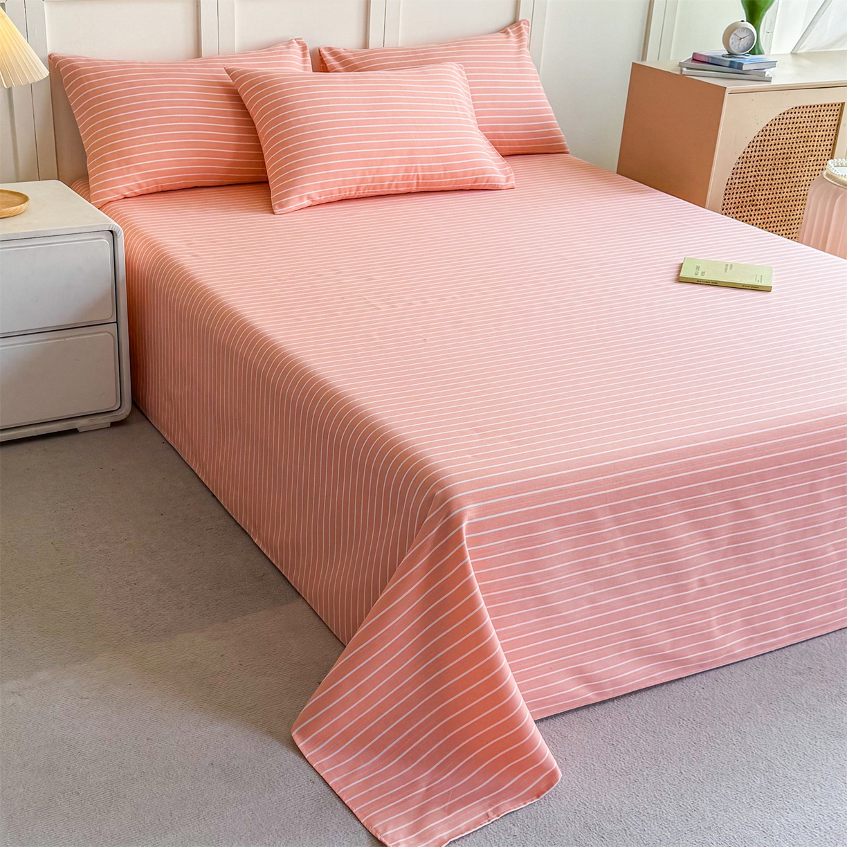 91家纺网 家纺一手货源 找家纺 晨晨家纺 2026新款原棉老粗布床单席子凉席三件套 淡雅粉