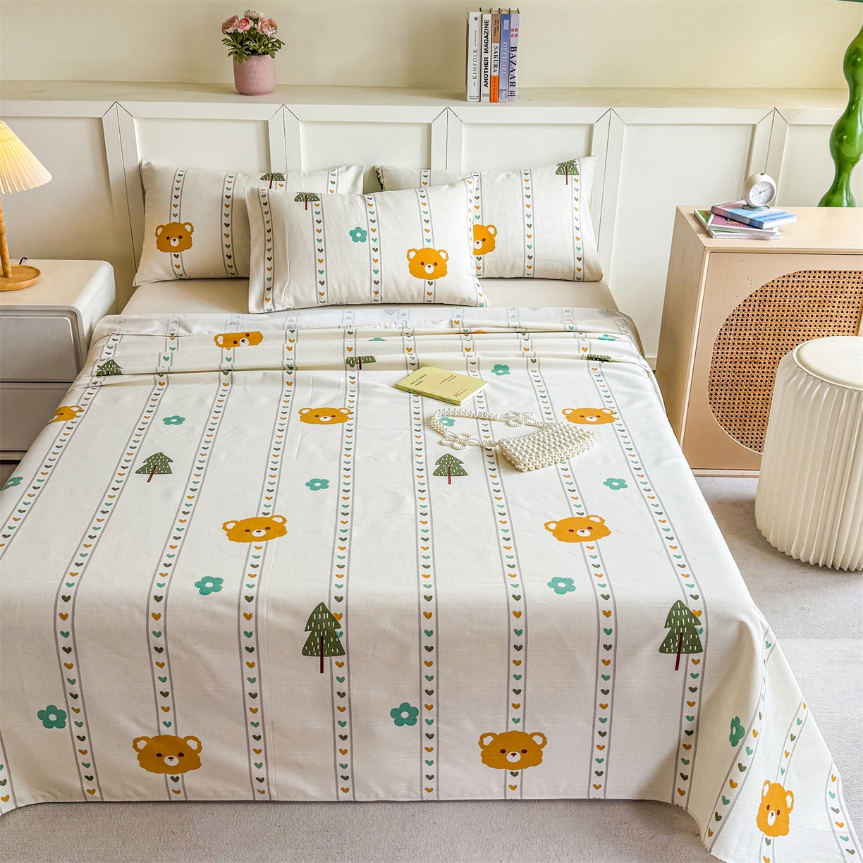 91家纺网 家纺一手货源 找家纺 晨晨家纺 2026新款原棉老粗布床单席子凉席三件套 萌宠森林