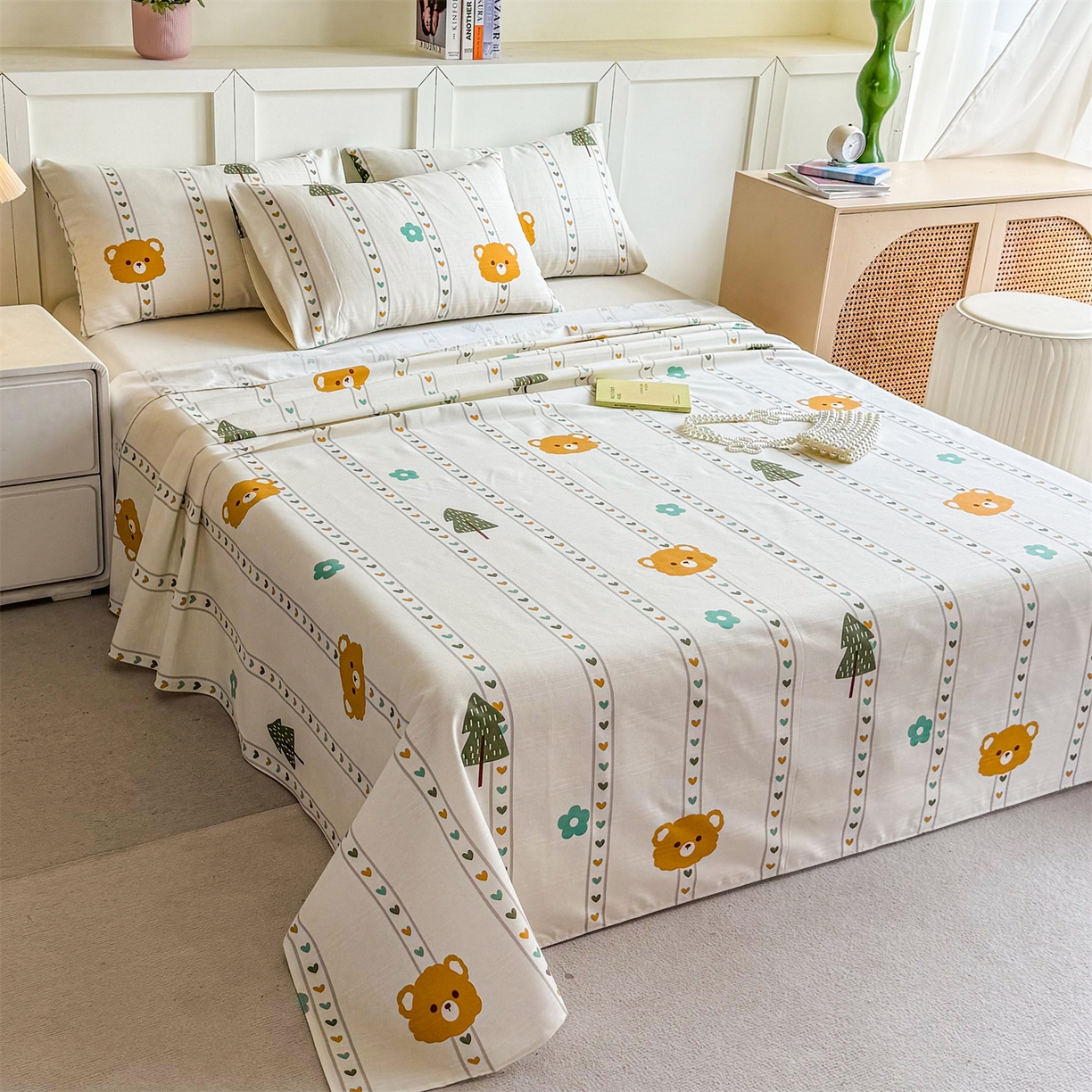 91家纺网 家纺一手货源 找家纺 晨晨家纺 2026新款原棉老粗布床单席子凉席三件套 萌宠森林