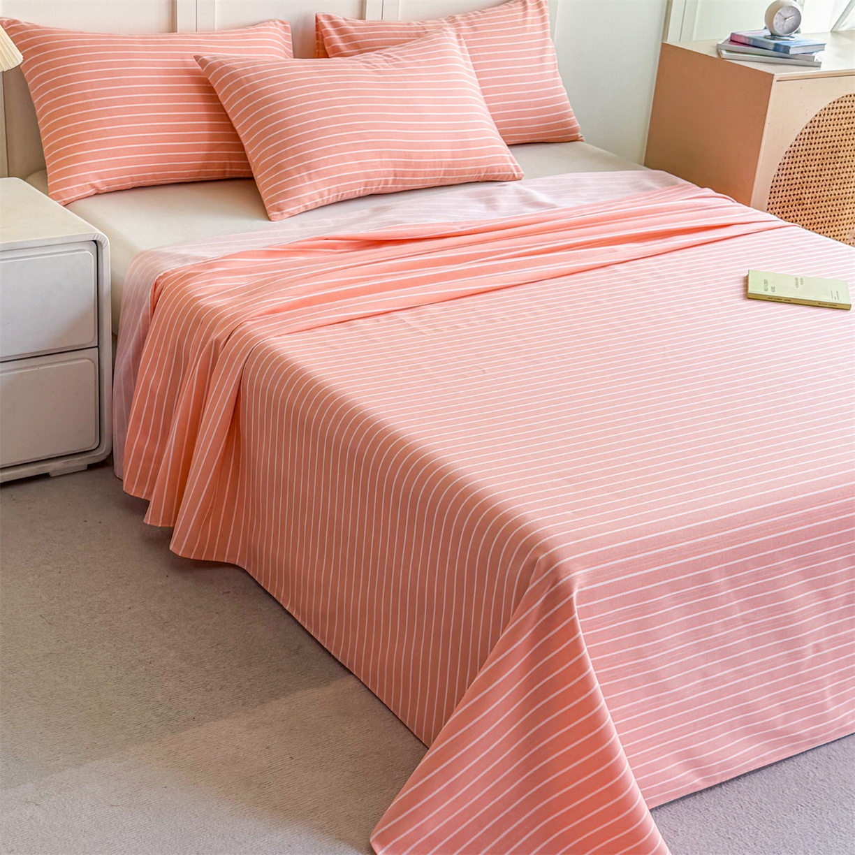 91家纺网 家纺一手货源 找家纺 晨晨家纺 2026新款原棉老粗布床单席子凉席三件套 淡雅粉