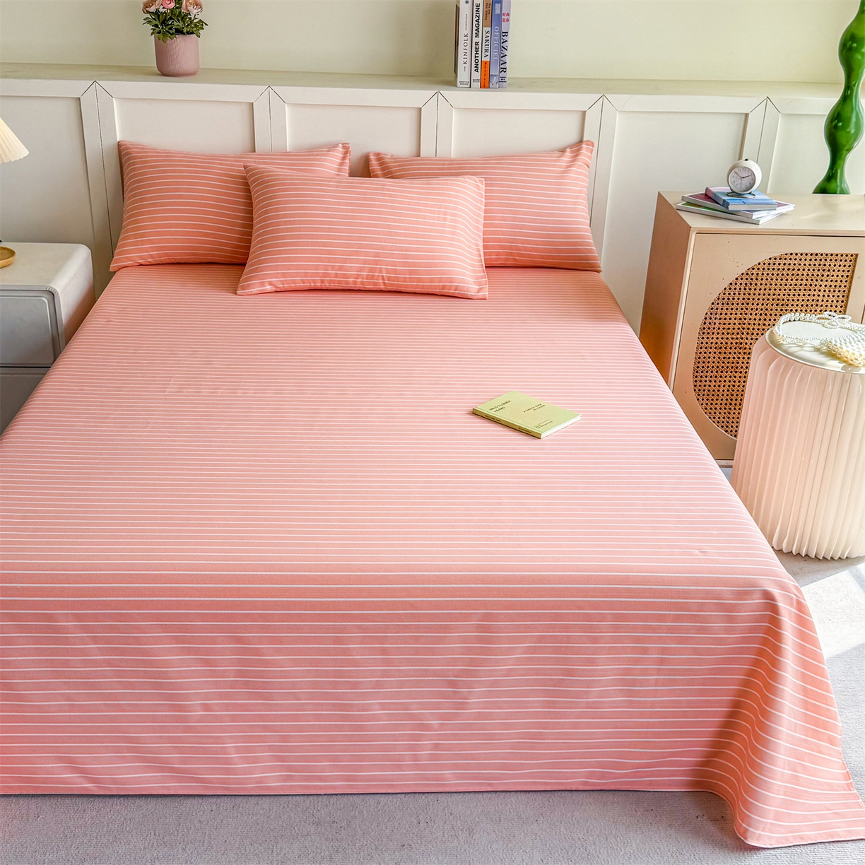 91家纺网 家纺一手货源 找家纺 晨晨家纺 2026新款原棉老粗布床单席子凉席三件套 淡雅粉