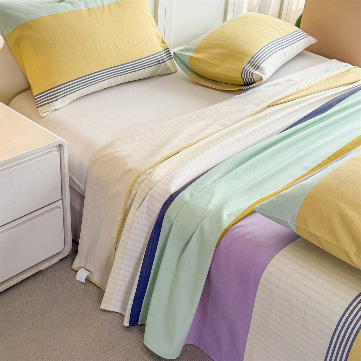 91家纺网 家纺一手货源 找家纺 晨晨家纺 2026新款原棉老粗布床单席子凉席三件套 条格时代