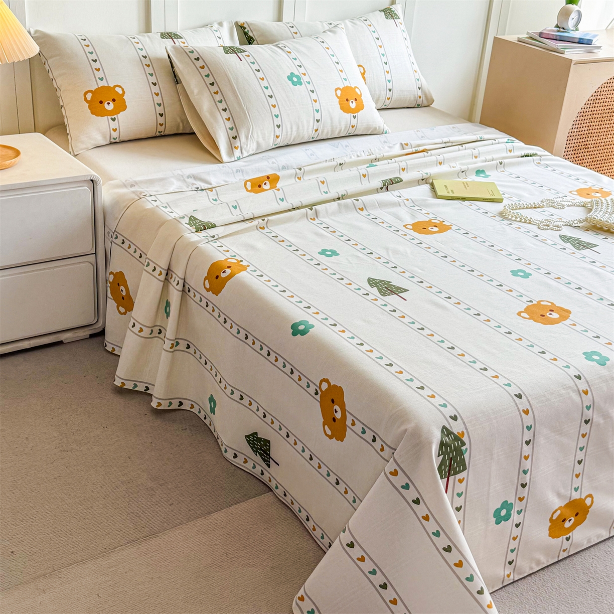 91家纺网 家纺一手货源 找家纺 晨晨家纺 2026新款原棉老粗布床单席子凉席三件套 萌宠森林