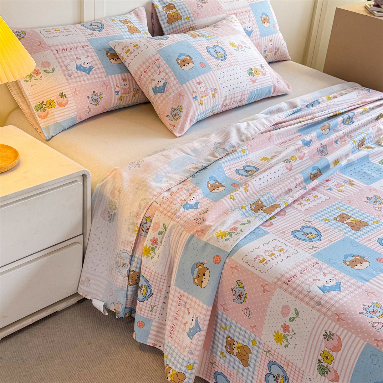 91家纺网 家纺一手货源 找家纺 晨晨家纺 2026新款原棉老粗布床单席子凉席三件套 童话世界