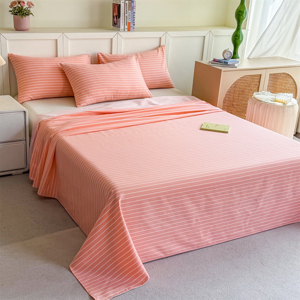 91家纺网 家纺一手货源 找家纺 晨晨家纺 2026新款原棉老粗布床单席子凉席三件套 淡雅粉