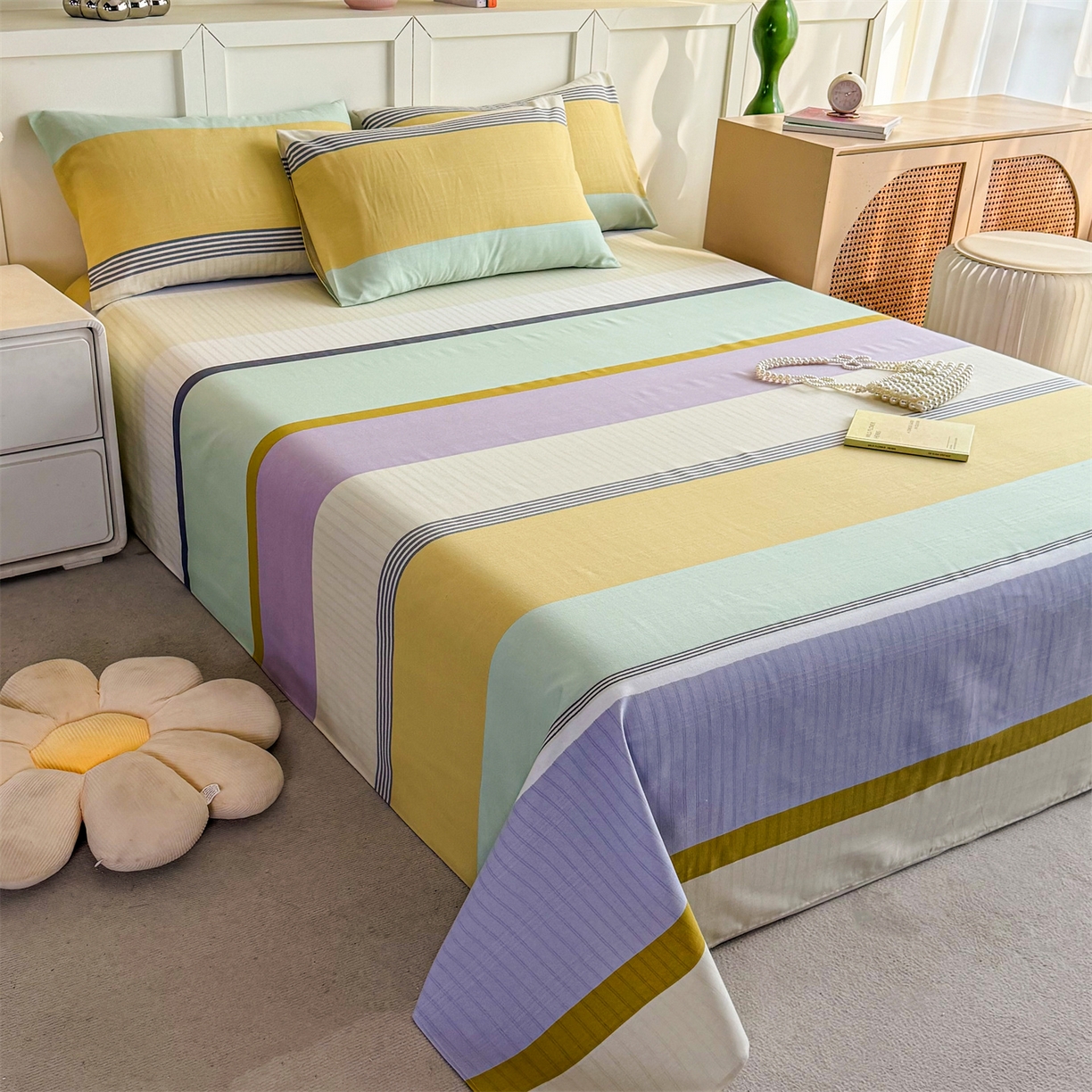 91家纺网 家纺一手货源 找家纺 晨晨家纺 2026新款原棉老粗布床单席子凉席三件套 条格时代