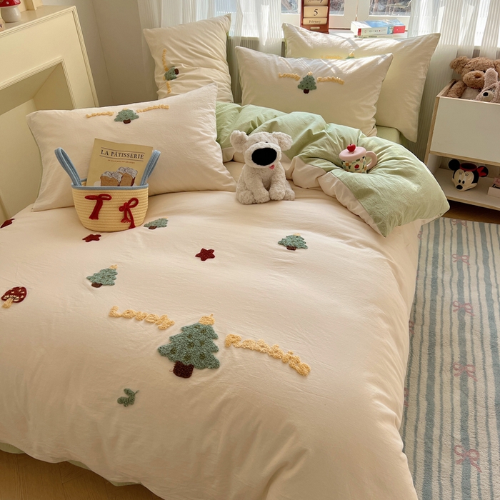 91家纺网 家纺一手货源 找家纺 慕尚家纺 2026春夏新款色织水洗棉毛巾绣四件套 圣诞树 绿