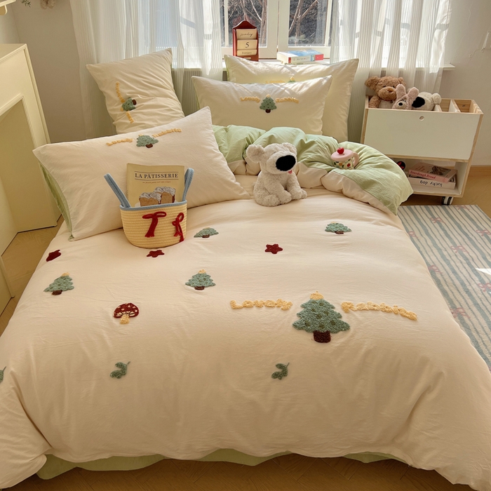 91家纺网 家纺一手货源 找家纺 慕尚家纺 2026春夏新款色织水洗棉毛巾绣四件套 圣诞树 绿