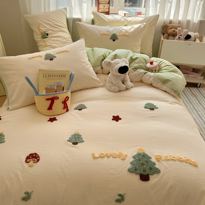 91家纺网 家纺一手货源 找家纺 慕尚家纺 2026春夏新款色织水洗棉毛巾绣四件套 圣诞树 绿