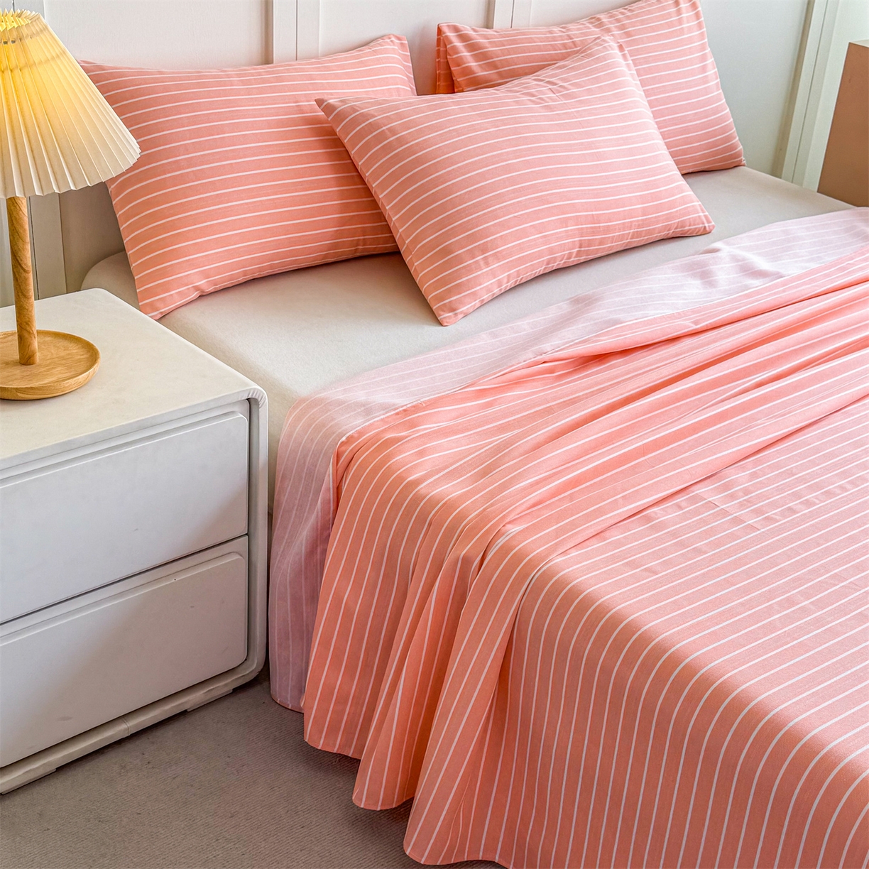 91家纺网 家纺一手货源 找家纺 晨晨家纺 2026新款原棉老粗布床单席子凉席三件套 淡雅粉