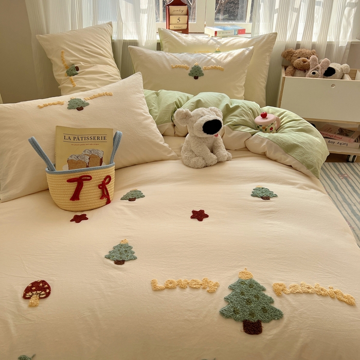 91家纺网 家纺一手货源 找家纺 慕尚家纺 2026春夏新款色织水洗棉毛巾绣四件套 圣诞树 绿